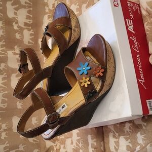 American Eagle Outfitters Brown Wedge Sandals with Floral Accents